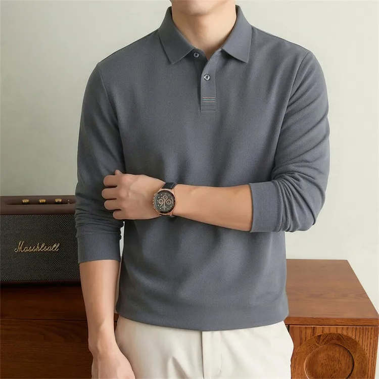 100% Mercerisierte Baumwolle Einfarbiges Business-Casual-Oberteil Herren Old Money Style Langarm-Poloshirt – Detail 17