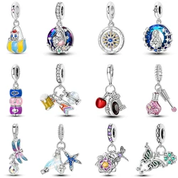 100% 925 Sterling Silver Colorful Dragonfly Lotus Crystal Pendant Pink Hollow Heart-Shaped Charms Beads Fit DIY Bracelet Jewelry
