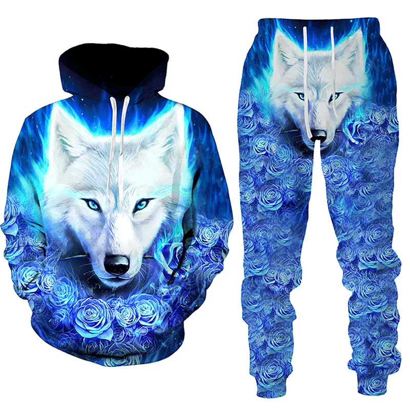 Ensemble de survêtement imprimé loup de forêt pour hommes, sweat à capuche 3D, sweat-shirts décontractés, pantalons de survêtement, vêtements de