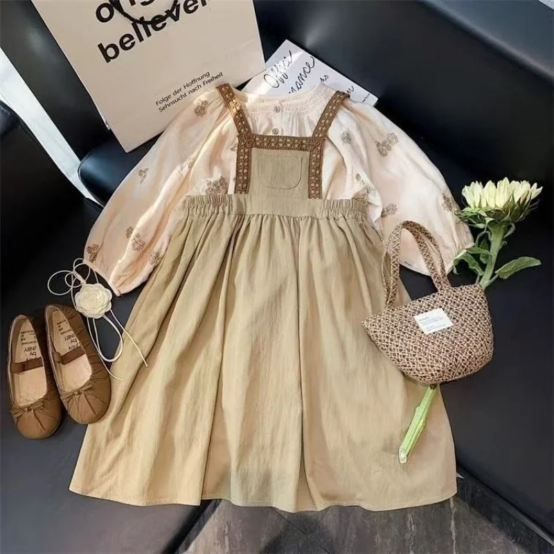 

Korean 2025 Spring Autumn Kids Girls 2PCS Clothes Set Embroidery Loose Tops Suspender Dress Suit Toddler Baby Girl Outfits 1-8T