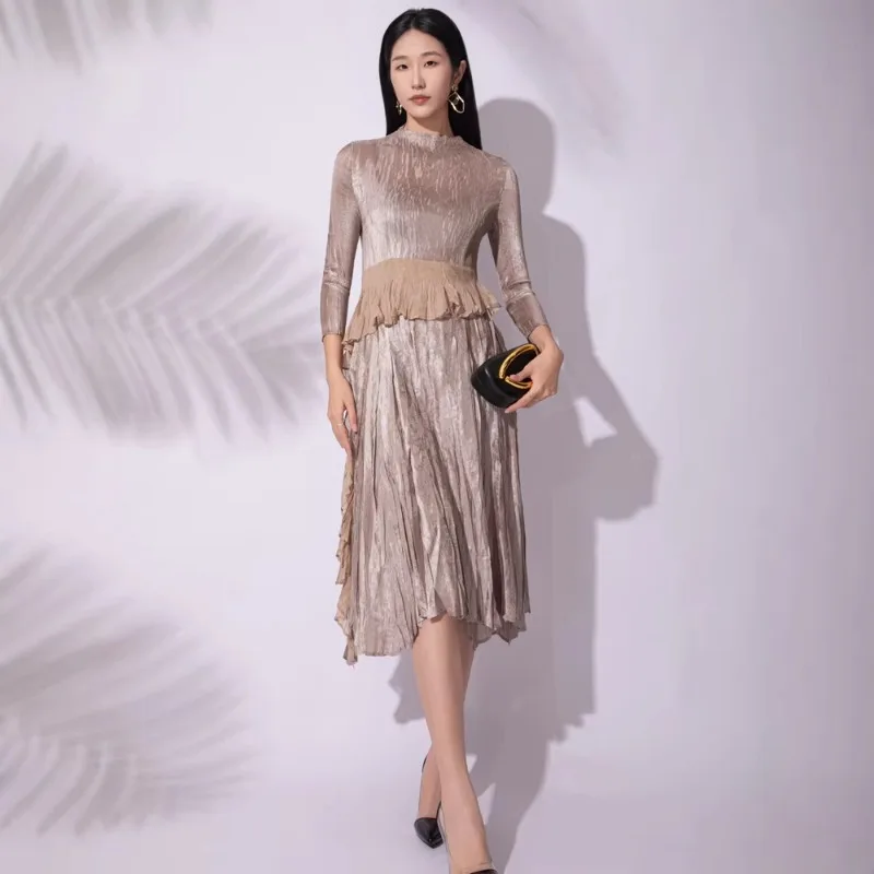 

Плиссированное платье Miyake, коллекция Весна/Лето 2026, новое, во французском стиле, с полувысоким воротником, приталенное, универсальное, средней длины, для повседневной носки