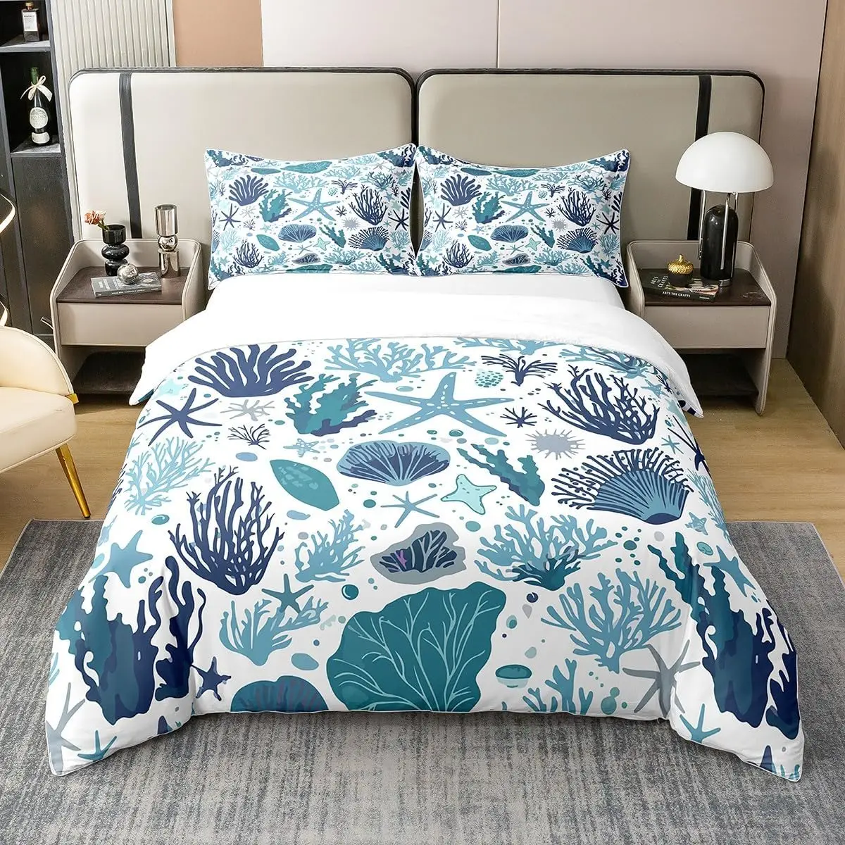 Seahorse Marine Life Duvet Cover Set King Size Vintage Abstract Bedding Set for Boys Teen Bedroom Decor Blue Messy Rust Color