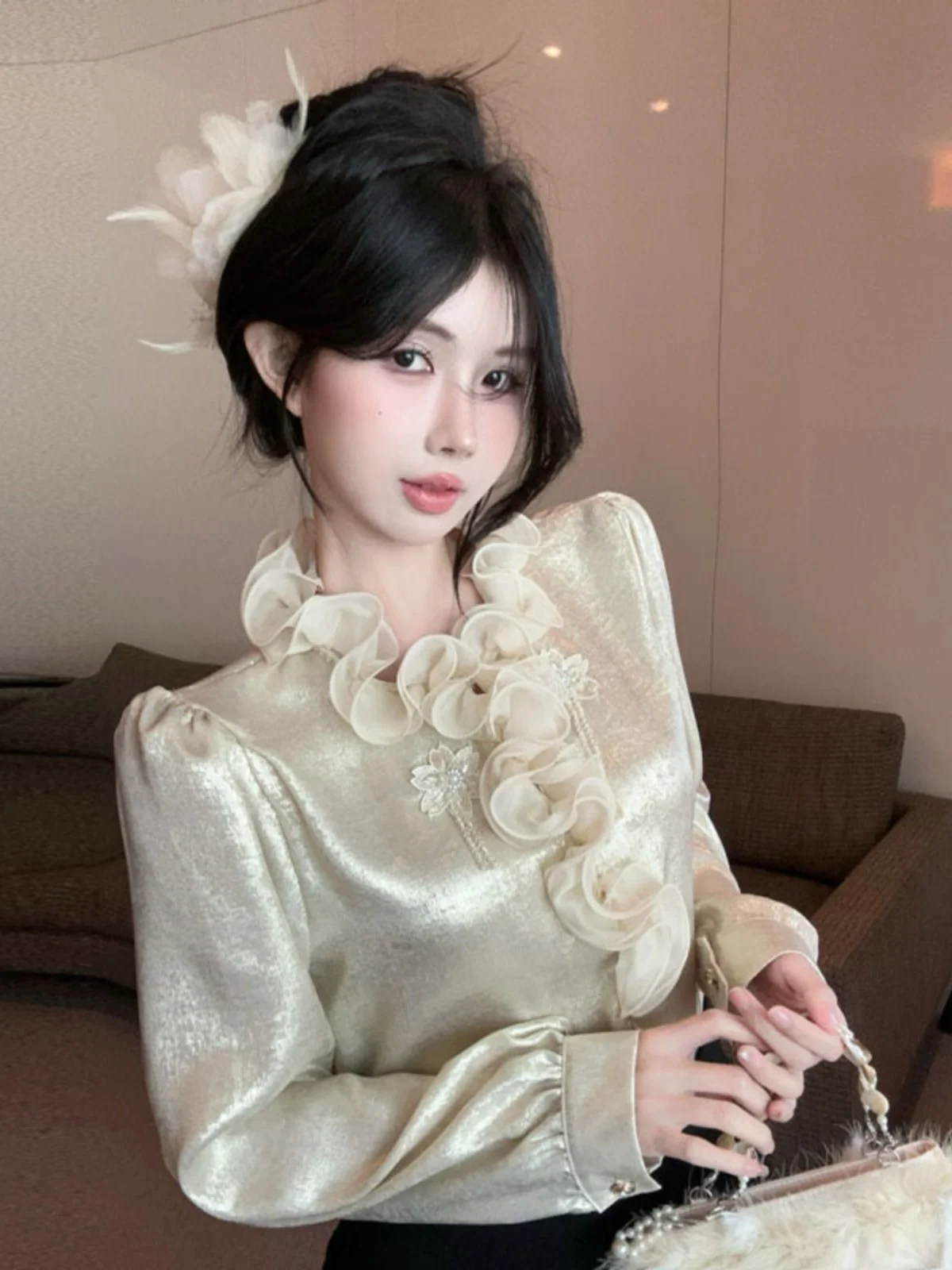 

Elegant Feminine Lace Trim Shirt Design Unique Small Batch Women's Fashion Spring Commute Style Long Sleeve UV Protection