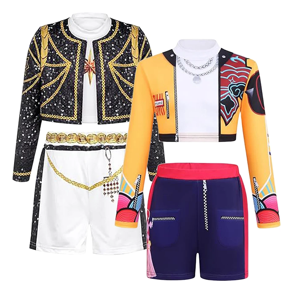 3Pcs Girls Singer Dance Costume Jacket Top Shorts Set Kids Idol Group Uniform Halloween Carnival Cosplay Dress Up Outfit Clothes