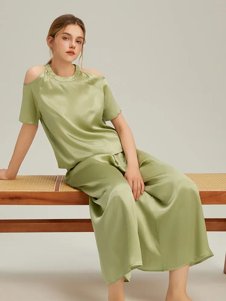100% Mulberry Silk Women Pajama Set Summer Cold Shoulder Short Sleeve Loose Wide Leg Pants Luxury Loungewear Two Piece Sleepwear