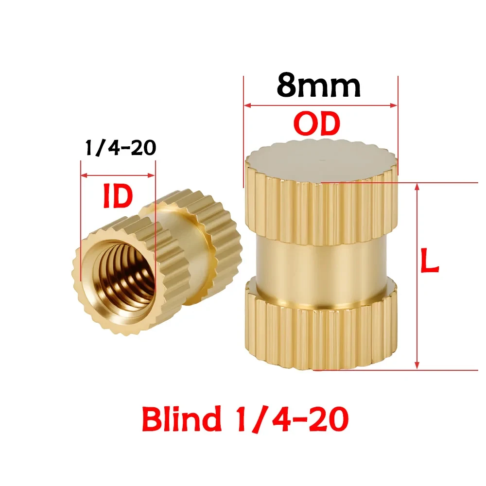 1/4-20 Inch Size Brass Heat Insert Nut Straight Threaded Knurled Hot Melt Molding Injection Embed Insertnut 3d Printer