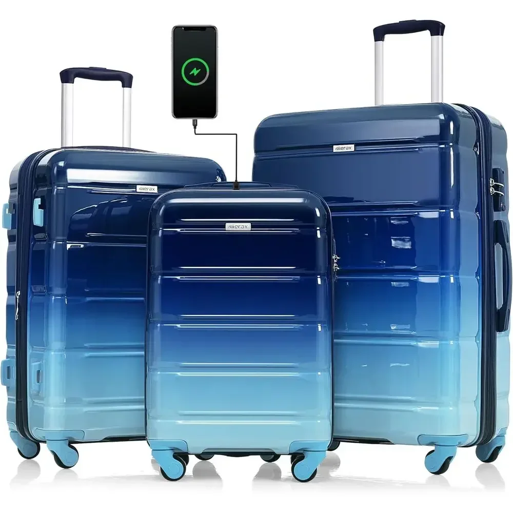 3-Piece Hardshell ABS Luggage Set with Spinner Wheels and USB Charging Port