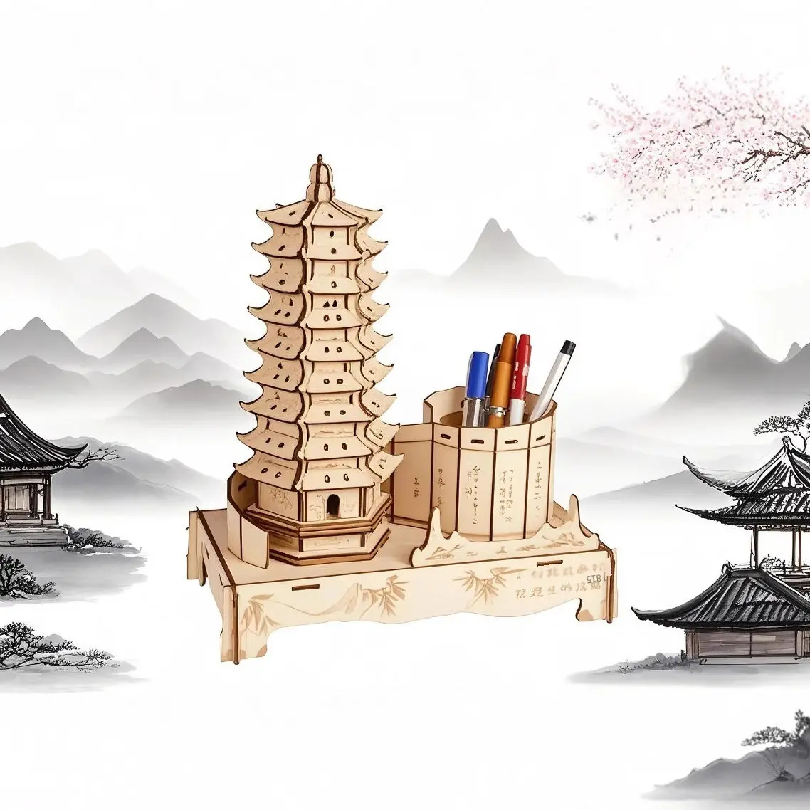3D Wooden 4-Story Pagoda Puzzle - Die-Cut Hand-Assembled Simulated Architectural Model, Intricate Craft Decoration
