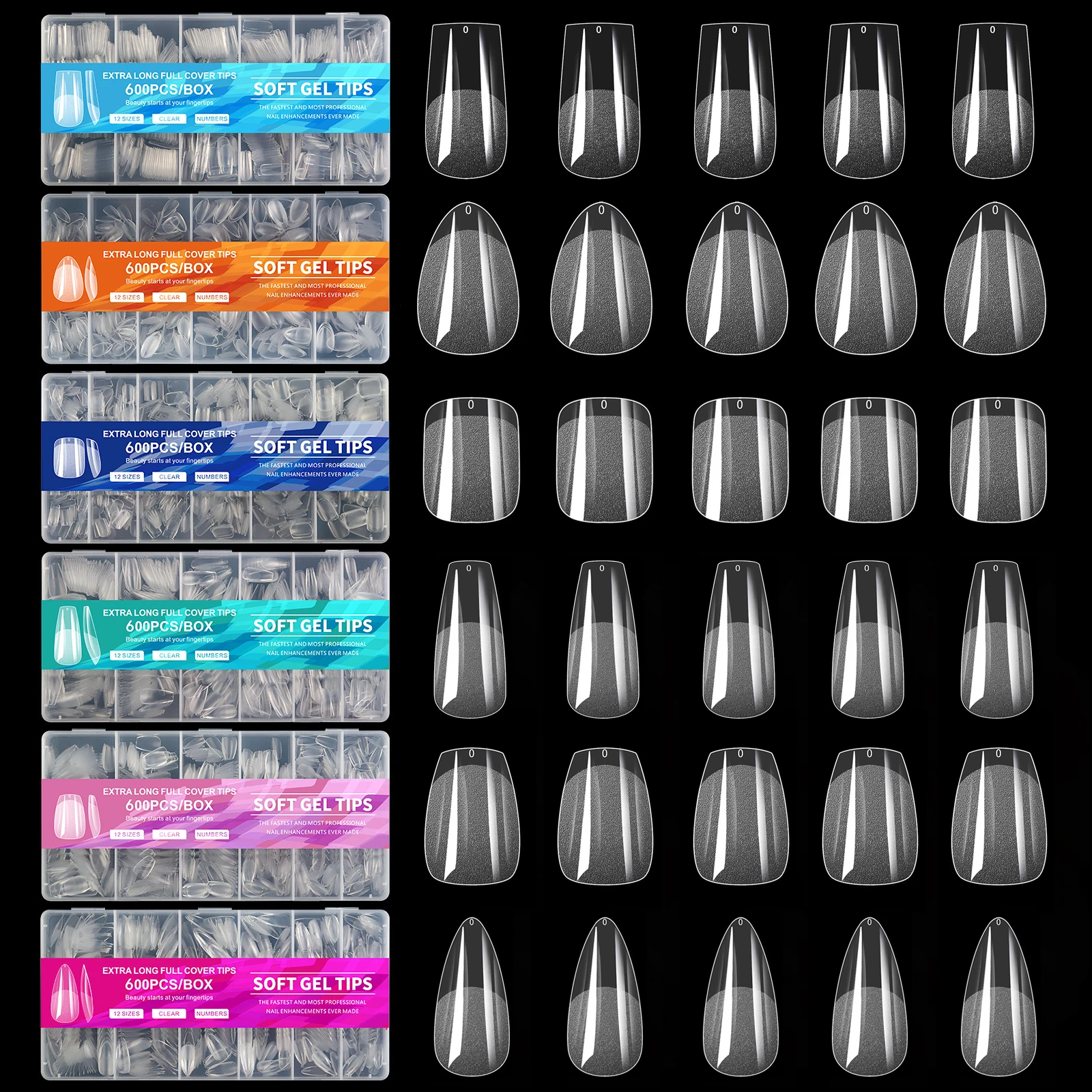 

600PCS Short Almond Coffin Nail Tips Half Matte False Tips Full Cover Soft Gel Acrylic Nails Manicure Salon DIY Press on Nails