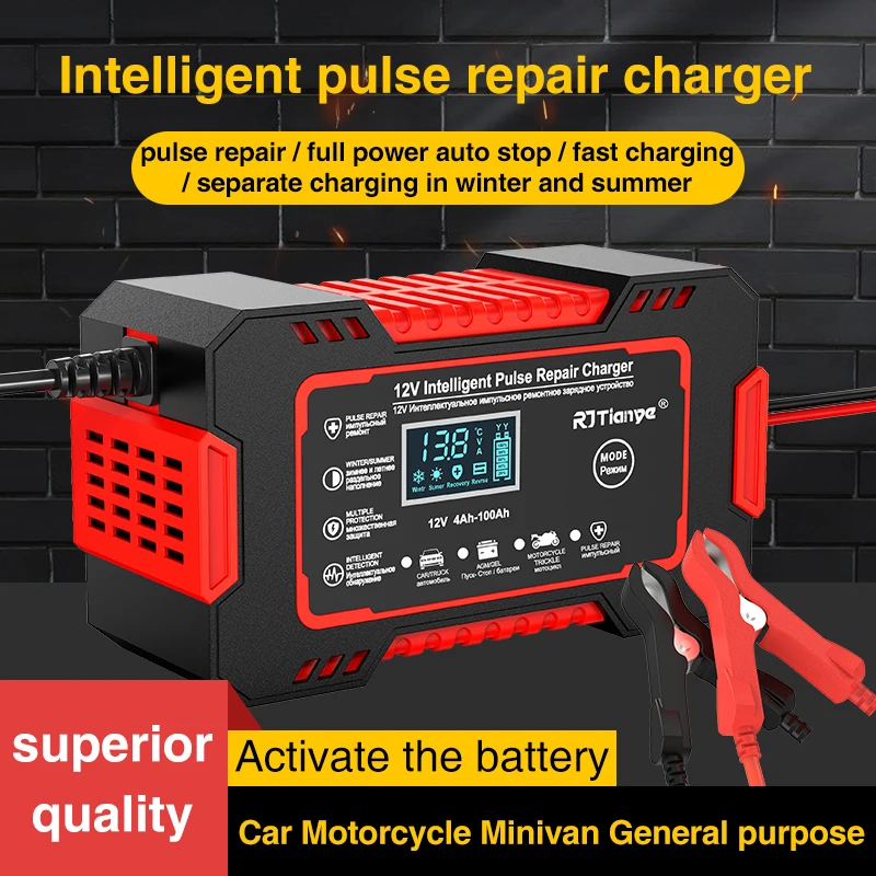 

12V 6A Car Battery Charger Car and Motorcycle Battery Charging Device Lead-acid Battery Smart Repair LCD Display