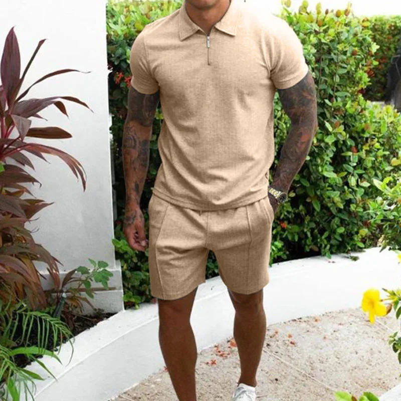 Men Casual Set Fashion 2 PCS Sweat Suit Short Sleeve Polo T-shirt Shorts Sets Male Sportswear Tracksuit Summer Sportsuit MY400