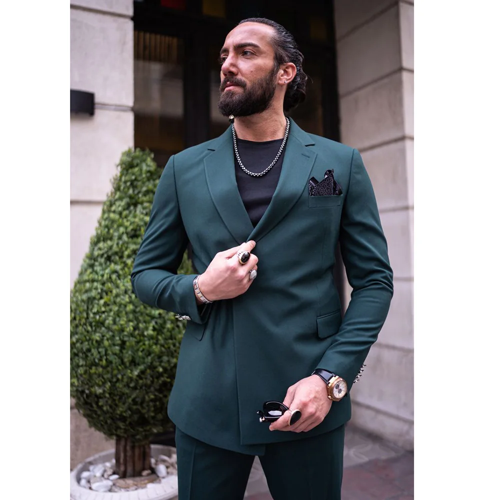 

Elegant Dark Green Notch Lapel Men's Suits Chic Luxury 2 Piece Jacket Pants Set Formal Business Wedding Slim Fit Male Clothing