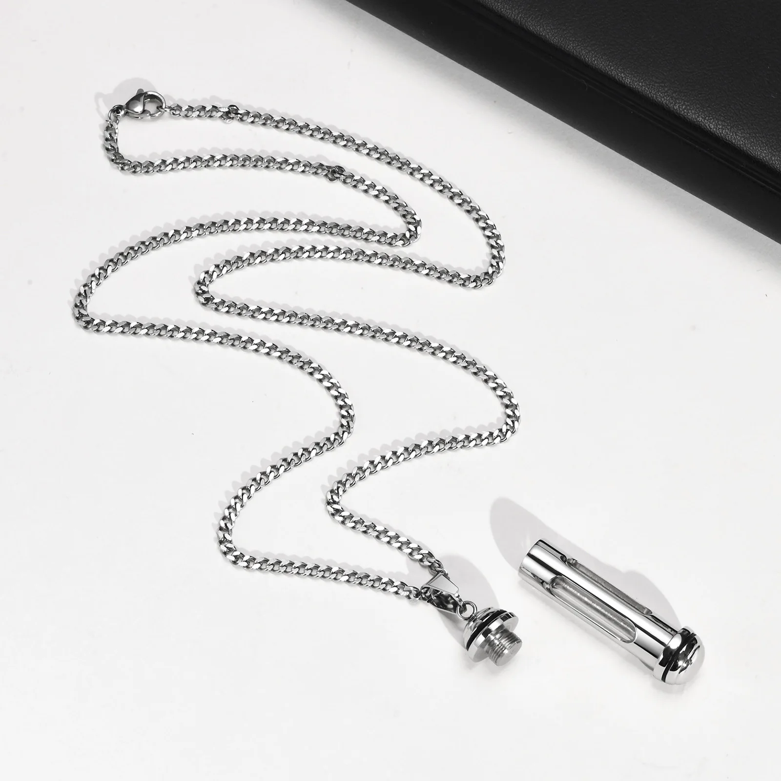 Men Stylish Stainless Steel Cylinder Pendant Necklace,Timeless Memorial Time Capsule Keepsake Gifts Jewelry