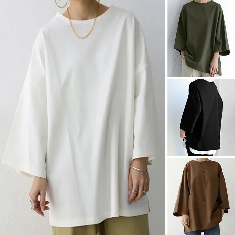 

Women Blouses Casual Loose Long Flare Sleeve Solid Color Blusas Mujer Korean Fashion BF Oversize Tunic Tops T-shirts