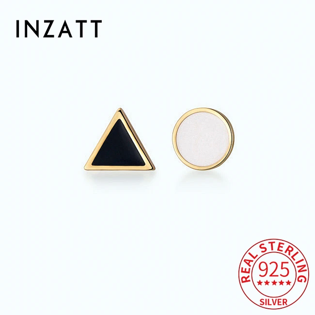 INZATT Real 925 Sterling Silver Triangle Round Stud Earrings For Women Classic Fine Jewelry Minimalist Asymmetrical Accessories