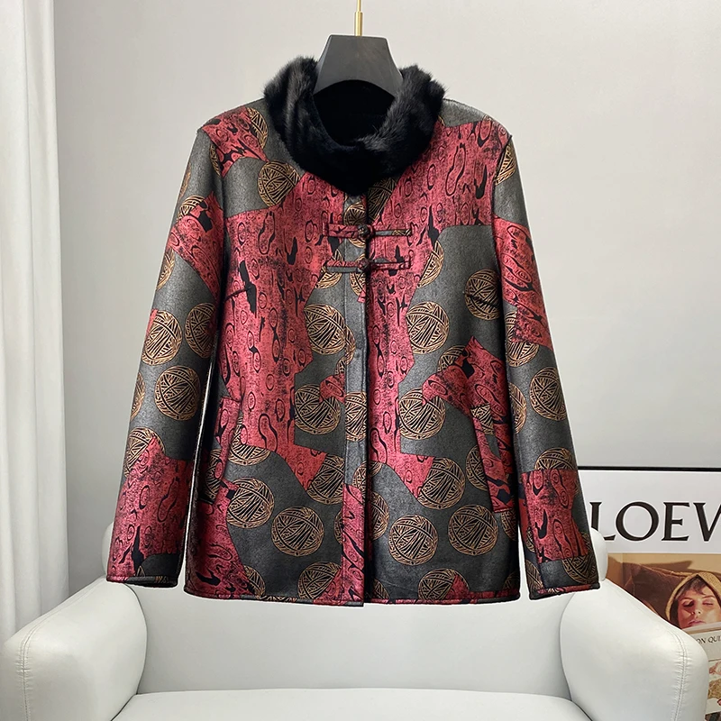 PUDI New Luxury Fashion Pattern Real Wool Fur Inside With Mink Fur Collar Winter Coat CT272