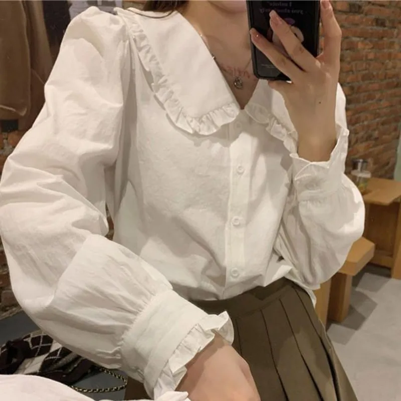 White Kawaii Shirts Women Korean Style Pleated Blouses Peter Pan Collar Preppy Long Sleeve Basic Cute Tops Spring Fashion