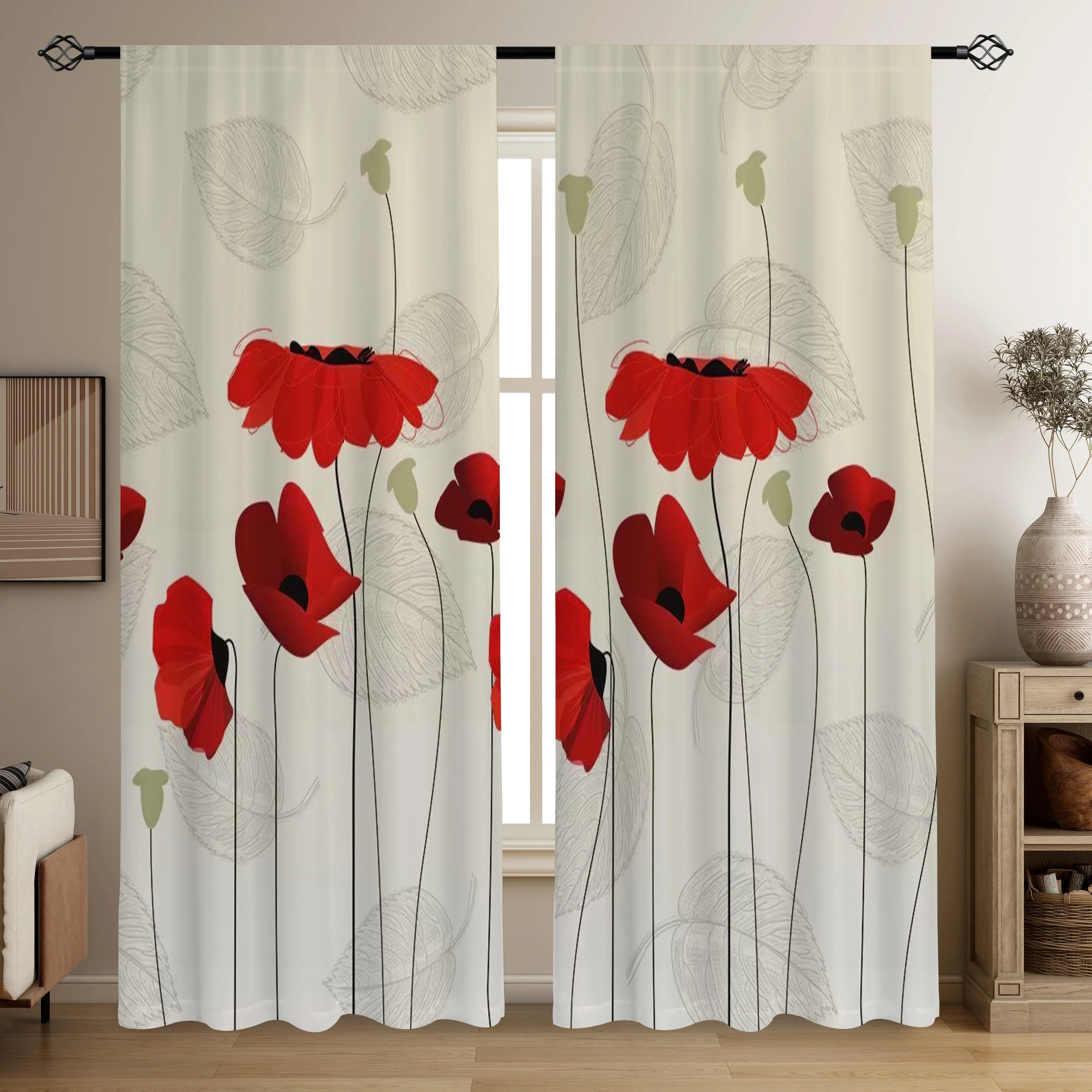 Elegant Red Poppy Floral Curtains for Living Room Window Decor Modern Stylish Home Curtain Panels Window Filter Treatment