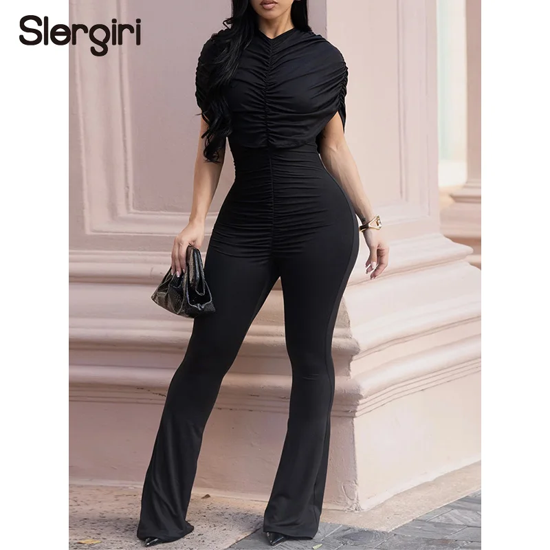 Slergiri Solid Color Elegant Ruched Jumpsuit Women Fashion New 2026 Summer Street Party Office Ladies Slim Wide Leg Jumpsuits