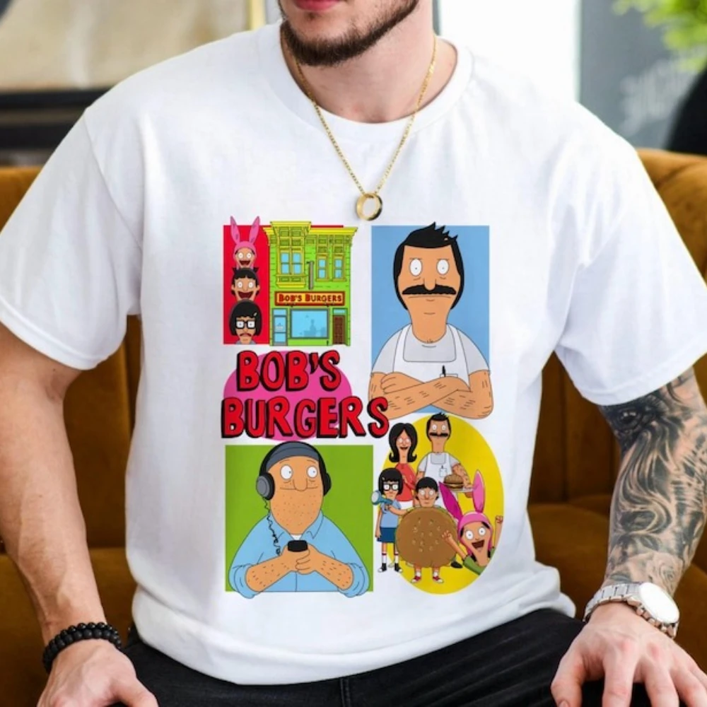 Vintage Classic Cartoon Man Printed T-shirt Bob's Burgers Tina Louise Gene Linda Bob Belcher Teddy Shirt Casual Cotton Tops Tees