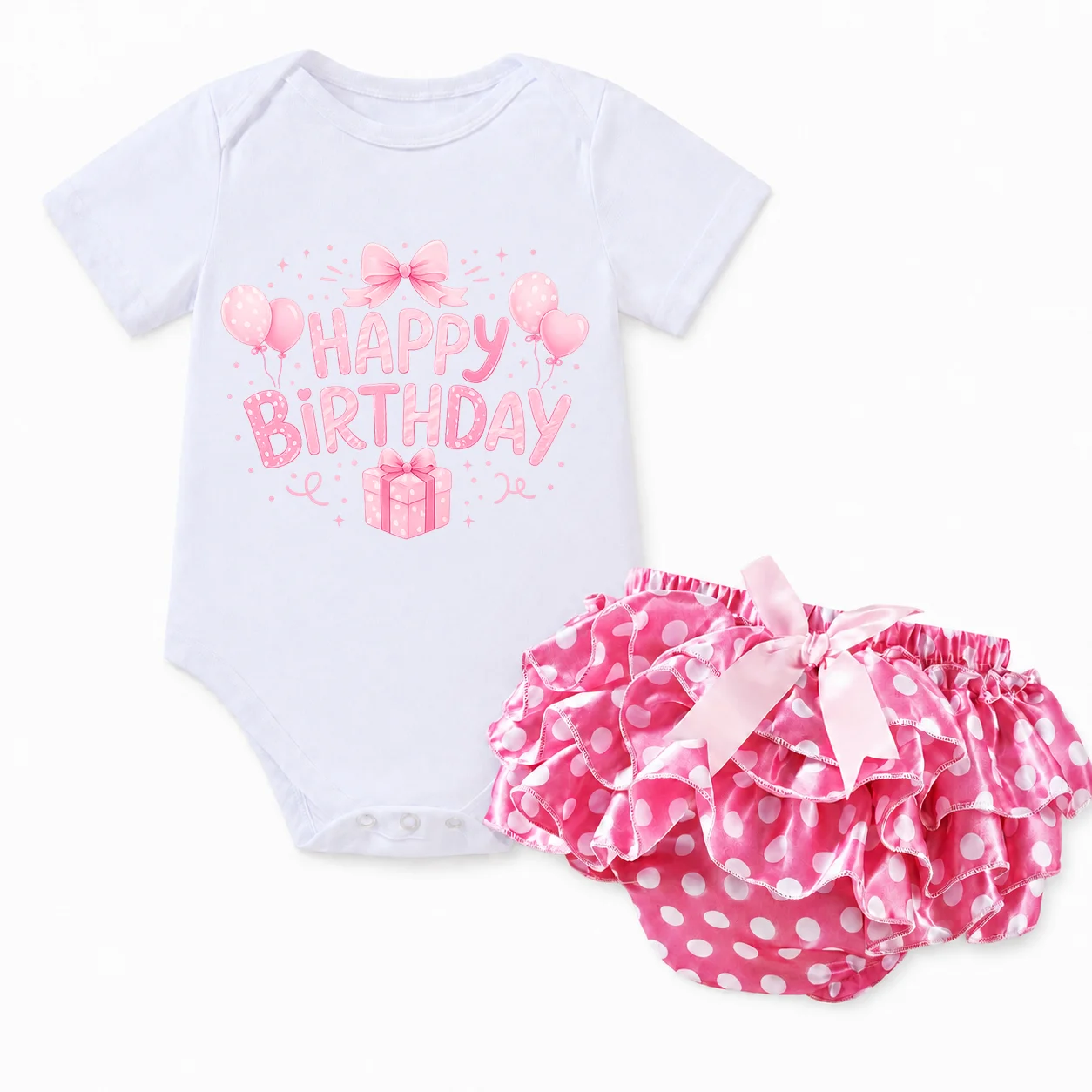 Baby Girl 1st Birthday Outfit 2Pcs Set Happy Birthday Print Short Sleeve Bodysuit + Pink Polka Dot Ruffle Tutu Skirt Toddler Sma