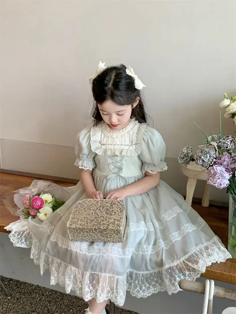 

Baby Girl Summer Light Green Turkish Vintage Lolita Lace Princess Ball Gown Dress for Birthday Holiday Party Eid Child Clothing