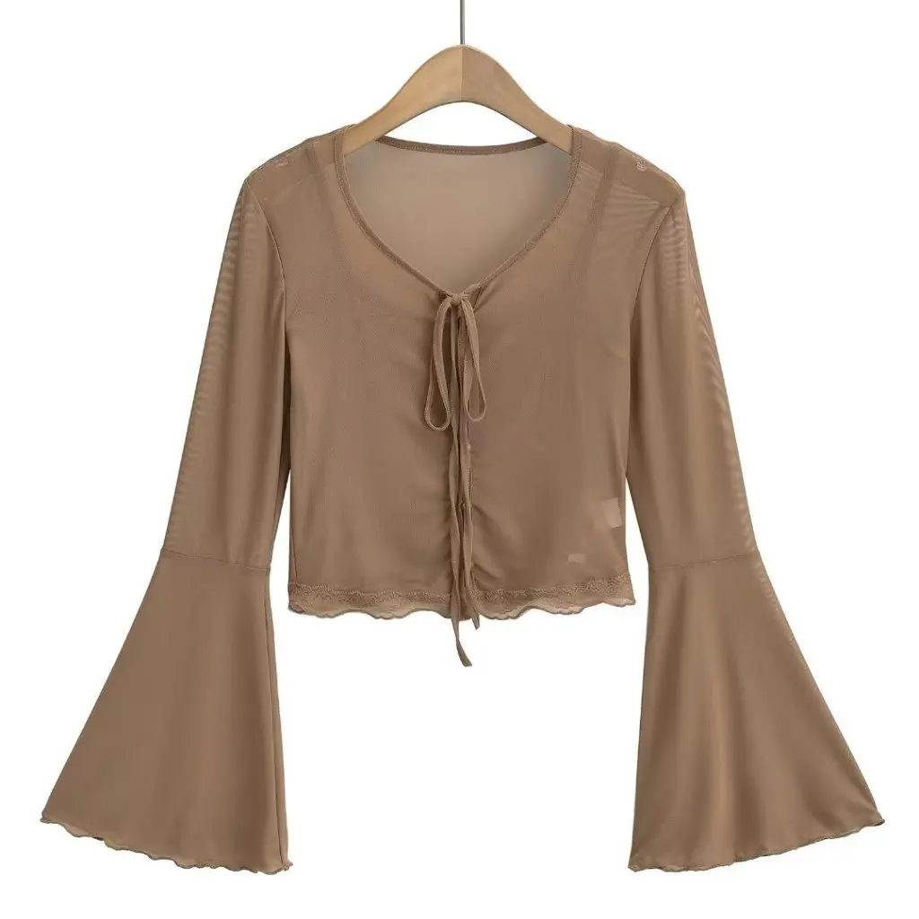 

Женский сетчатый кружевной комплект из двух предметов, сексуальная расклешенная блузка с длинными рукавами для девочек, футболка, топ