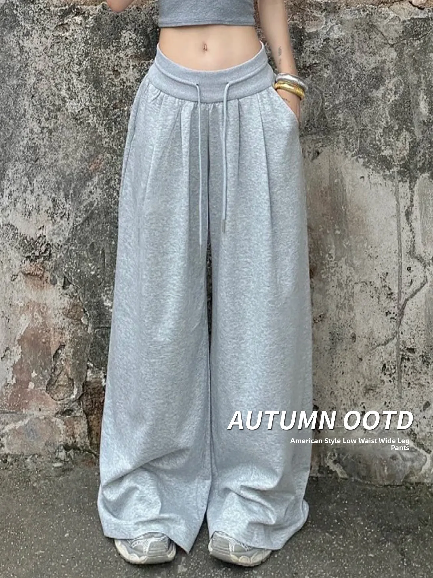 Pantaloni sportivi casual American Sle Pantaloni a gamba larga larghi drappeggiati a vita bassa da donna Primavera Autunno Nuovo arrivo Taglia piccola