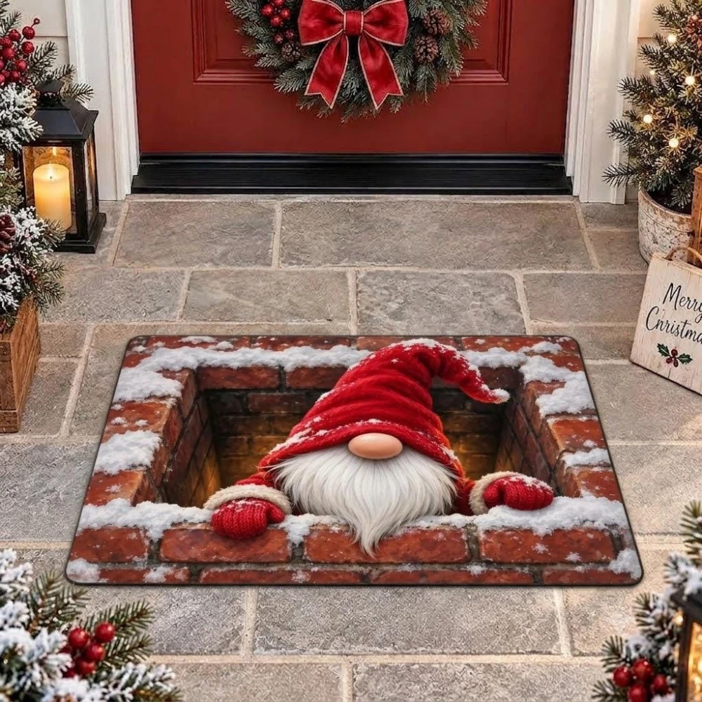 Christmas Gnome Doormat Creative Chimney Santa Tomte Welcome Rug Winter Snow Brick Pattern Entrance Floor Mat Area Rug