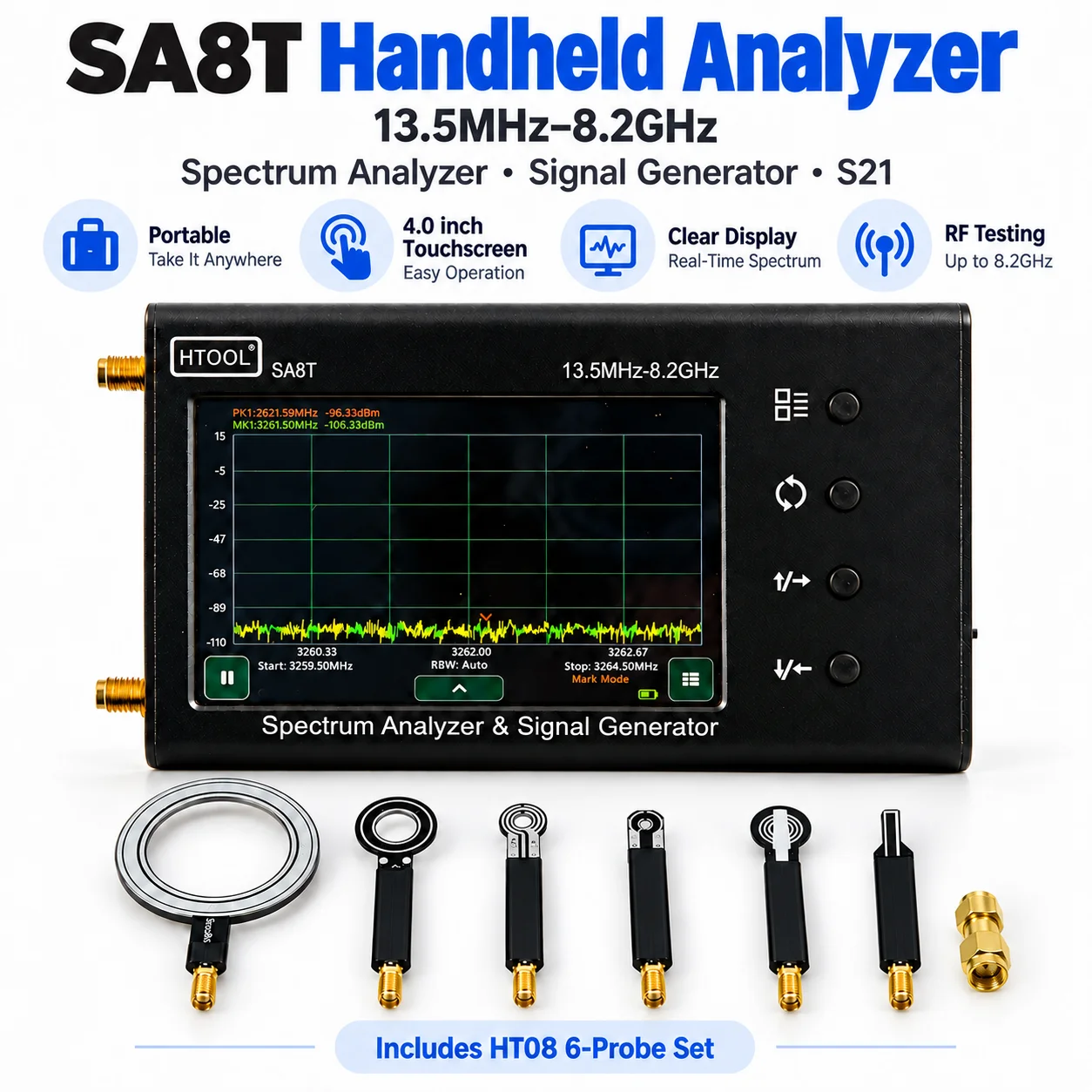 Portable RF Debugging Kit SA8T Spectrum Analyzer with HT08 Near Field Probe Set for EMI Detection PCB Troubleshooting