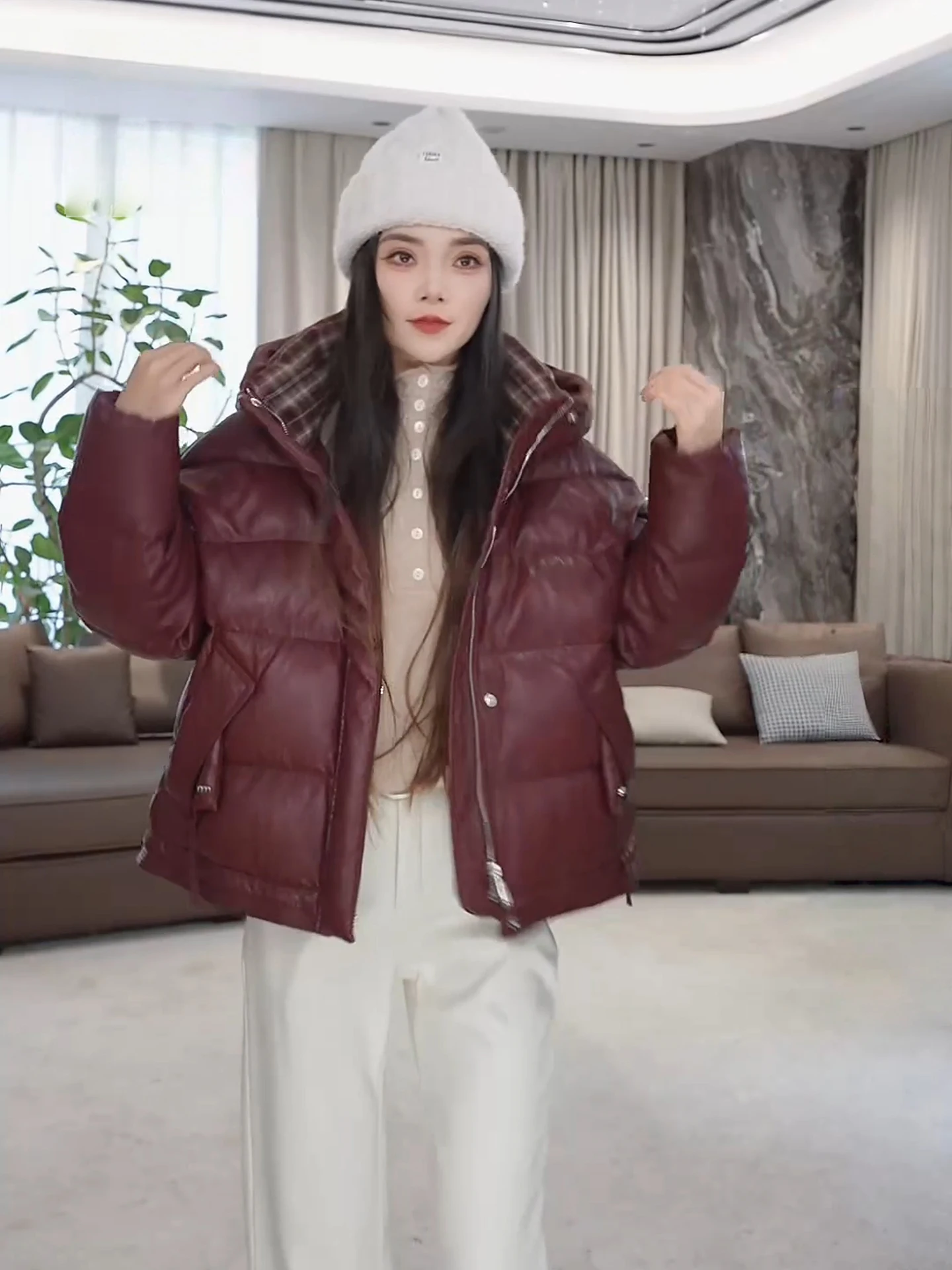 

Kanyu LAeila Winter Thiened ort down Jaet Women's Quilted Inner Hooded Plaid Design Casual Sle Warm Fce Lined