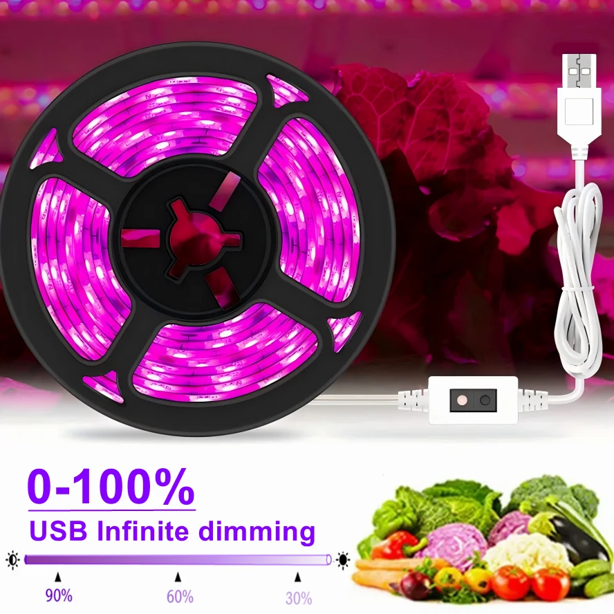 5V USB LED Grow Light 5m Dimmable Switch  60LEDs/m Full Spectrum Plant Light Grow Strip Phyto Lamp for Vegetable Seedling Grow