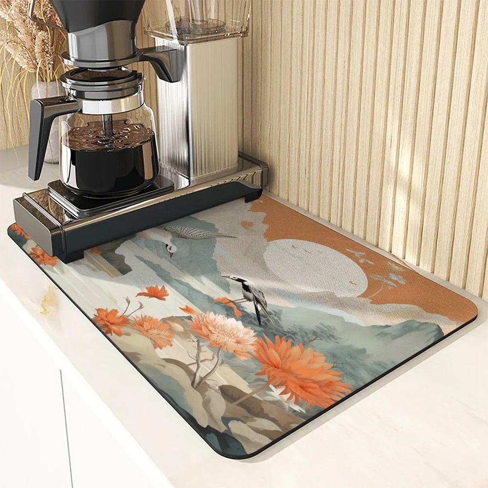 Kitchen Drying Mat Flower Plants Dry Coffee Mat Absorbent Placemat Anti Slip Table Cup Drying Mats Table Decoration Accessories