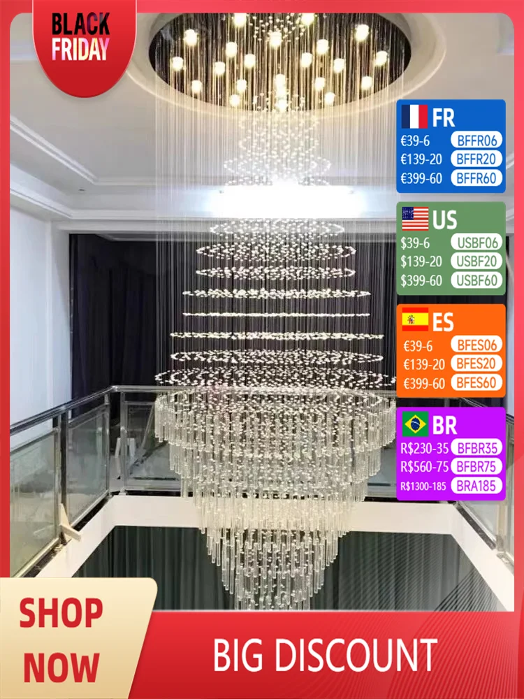 Staircase chandelier Duplex building Modern European villa living room floor long chandelier round crystal chandelier