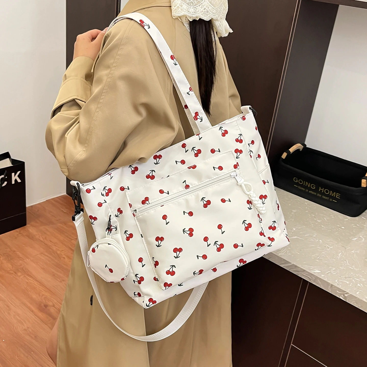 2025 New Cherry Print Canvas Tote Bag Large Capacity Single Shoulder Bag for Students Commuting Handbag Fashionable Korean Style