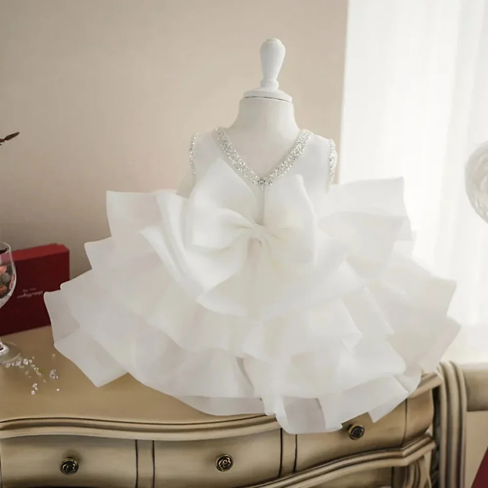 Simples mini vestido da menina de flor sem mangas a linha arco lantejoulas inchado babados em camadas aniversário crianças dama de honra vestido de baile para casamento