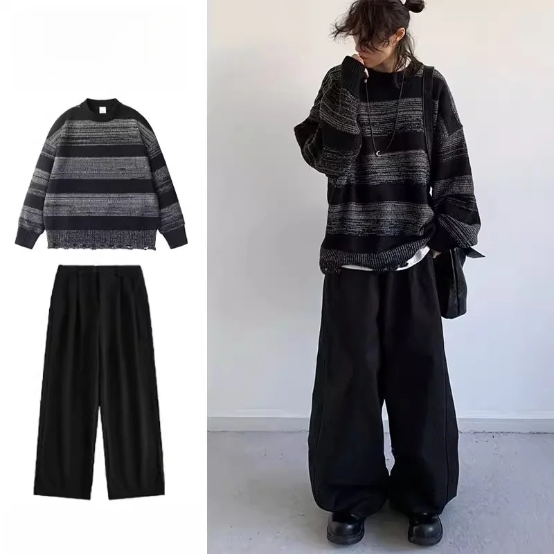 

Мужской осенне-зимний комплект: свитер в полоску и брюки из полиэстера, повседневный, с цветовыми блоками, с длинными рукавами