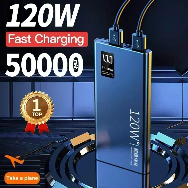 

50000mAh Power Bank 120W Super Fast Charging 100% Sufficient Capacity Portable Battery Charger Digital Display For iPhone Xiaomi