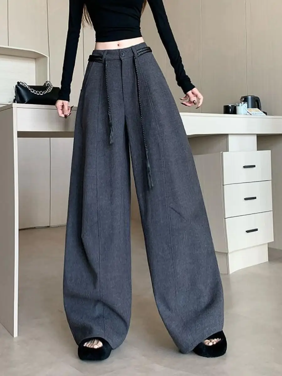 Cintura alta perna larga terno calças femininas casual corte reto solto calças de lã design assimétrico calças de ajuste confortável