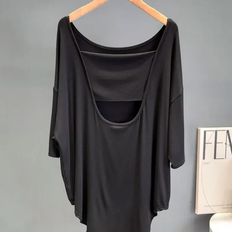 Summer Hollow Back Hollow Machine T-shirt Half Sleeved Women's Loose Mid Length Sexy Backless Top Trendy