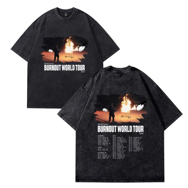 Boywithuke Burnout World Tour 2025 Vintage Wash Tee Summer Women Men Fashion Casual Cotton Short Sleeve T-Shirts