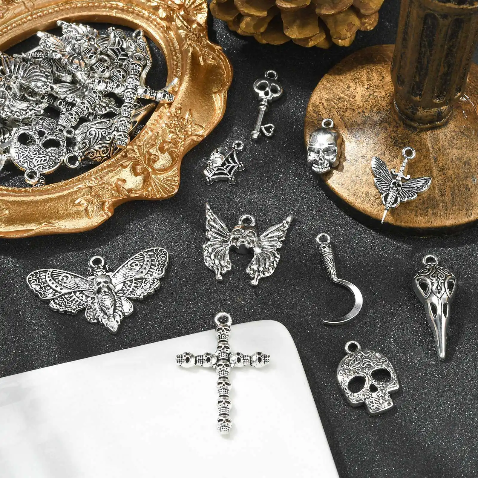 Pandahall 50Pcs 10 Styles Tibetan Halloween Charms Vintage Skull Head Butterfly Key Cross Charms for Jewelry Making Accessories