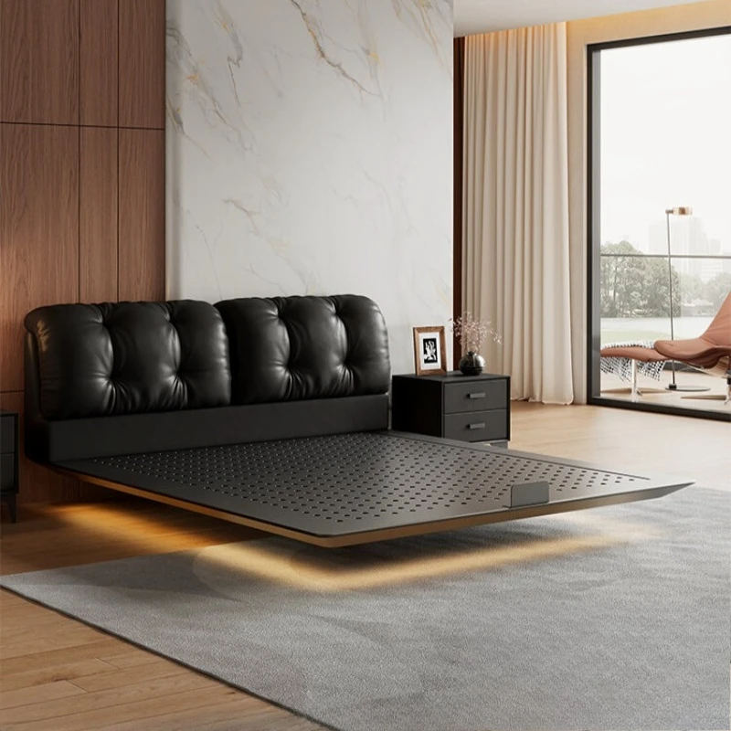 Cloud puff 、black leather  soft bag master bedroom  carbon steel suspended 1.8 meters double bed