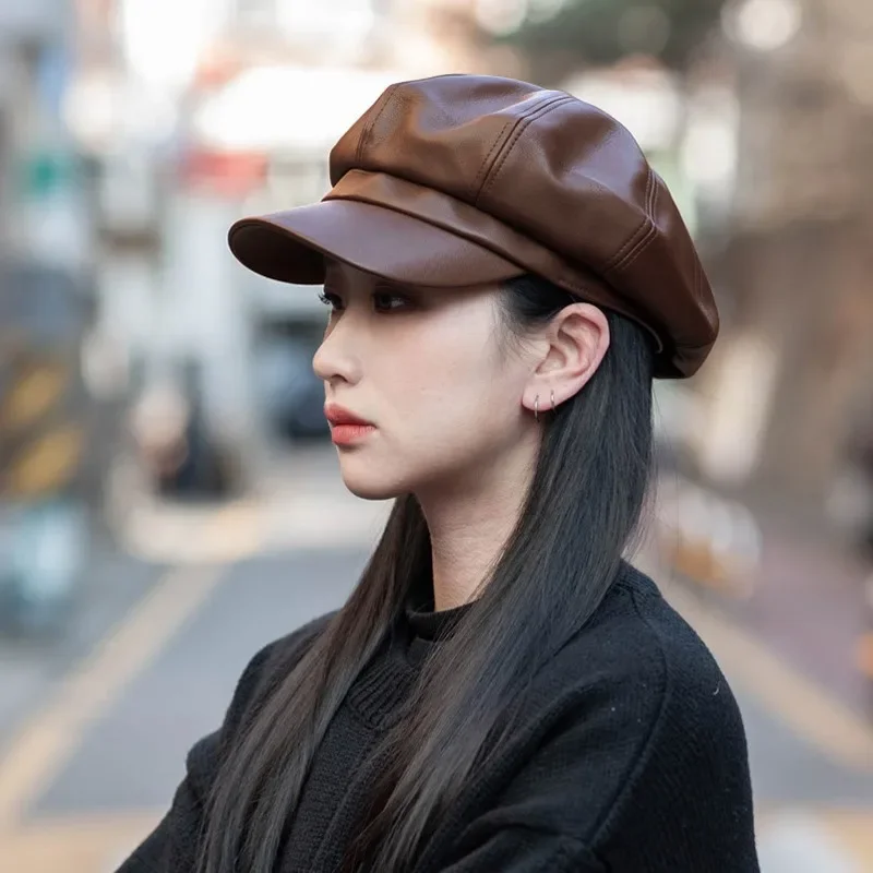 PU Leather French Hats for Men Women Winter Warm Leather  Cap Female Korean Retro Octagonal Artist Painter Cabbie Beret