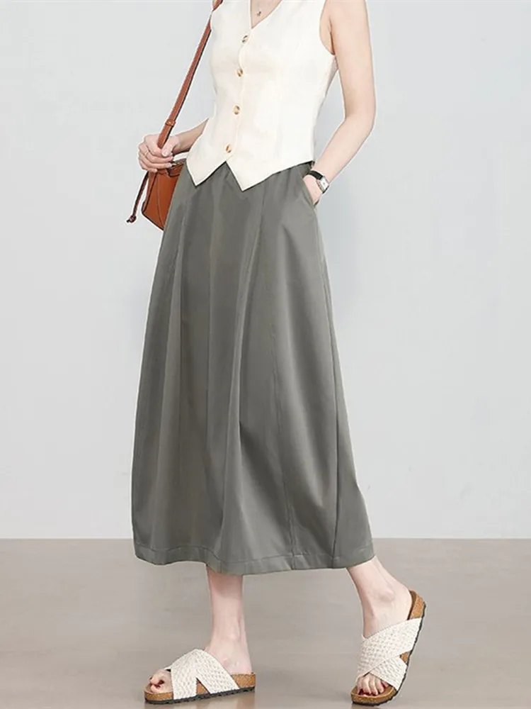 Femmes kaki élégant taille haute a-ligne jupes mi-longues été bureau quotidien mode coréenne décontracté bulle jupe femme noir 2025 nouveau