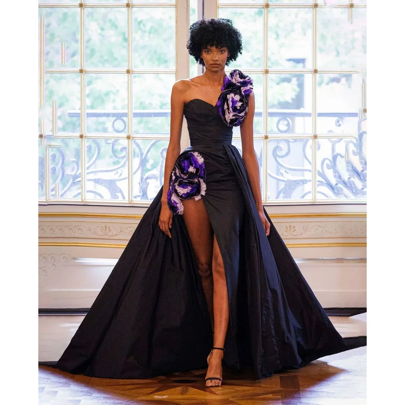 High Slit sexy Maxi kleider Frauen eine Schulter besonderen Anlass Blumen Party kleid geschichtet elegante schwarze lila Ballkleider