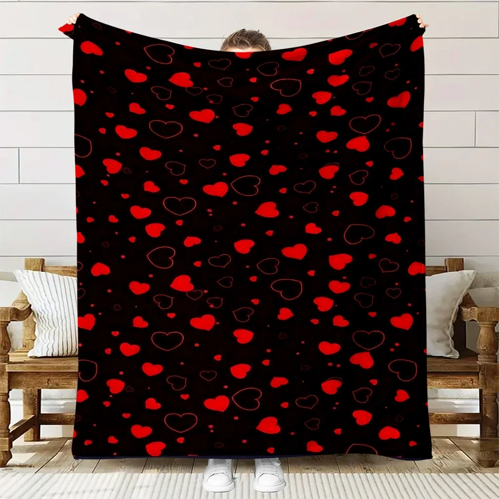 A Cozy Fleece Blanket Adorned with a Heart-Filled Design, Featuring High-Definition Digital Printing, Perfect for The Sofa, Camp