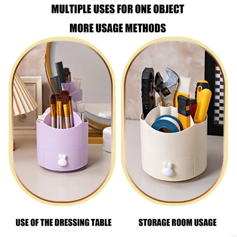 Rotating Desk Pen Organiser 5 Sections Plastic Pen Stand with Drawer For Pens Pencils Scissors And Makeup Tool Storage 