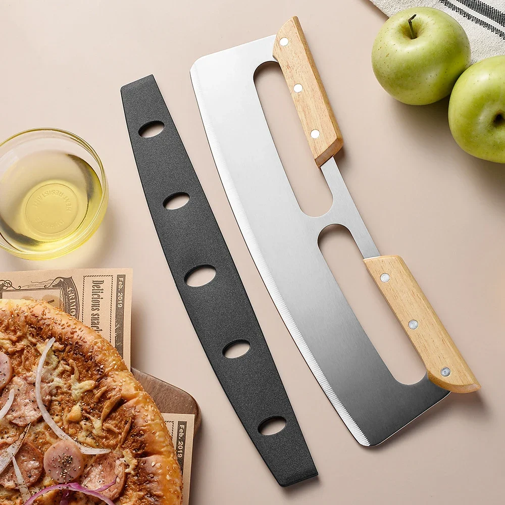 Pizza Cutter Stainless Steel Pizza Slicer Wheels Wooden Handles Rocker Blade Knife Cutters with Protective Cover Kitchen Tools