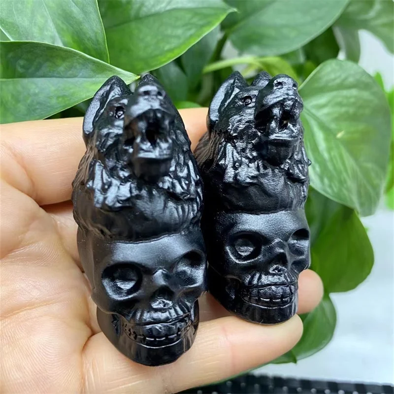 Natural Black Obsidian Wolf Head Skull Crystal Animal Carved Reiki Healing Stone Figurine Home Ornaments Decor Gift 1pcs